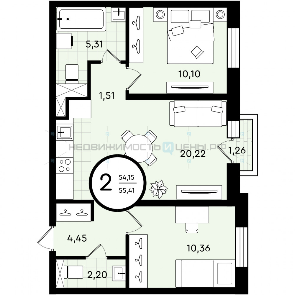 2 комн., 55.41м2, 2/4, Зеленые Аллеи, Тюмень