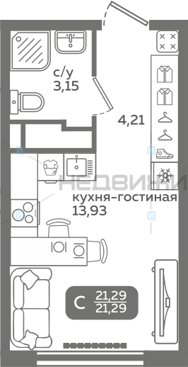 1 комн., 21.29м2, 14/21, Меридиан Слобода, Тюмень