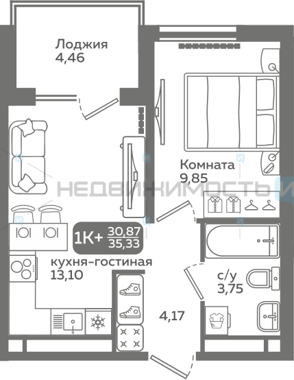 1 комн., 30.87м2, 8/21, Меридиан Слобода, Тюмень