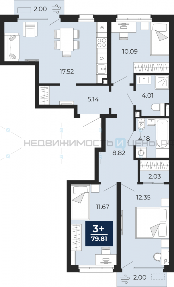 3 комн., 79.81м2, 2/19, Беринг, Тюмень
