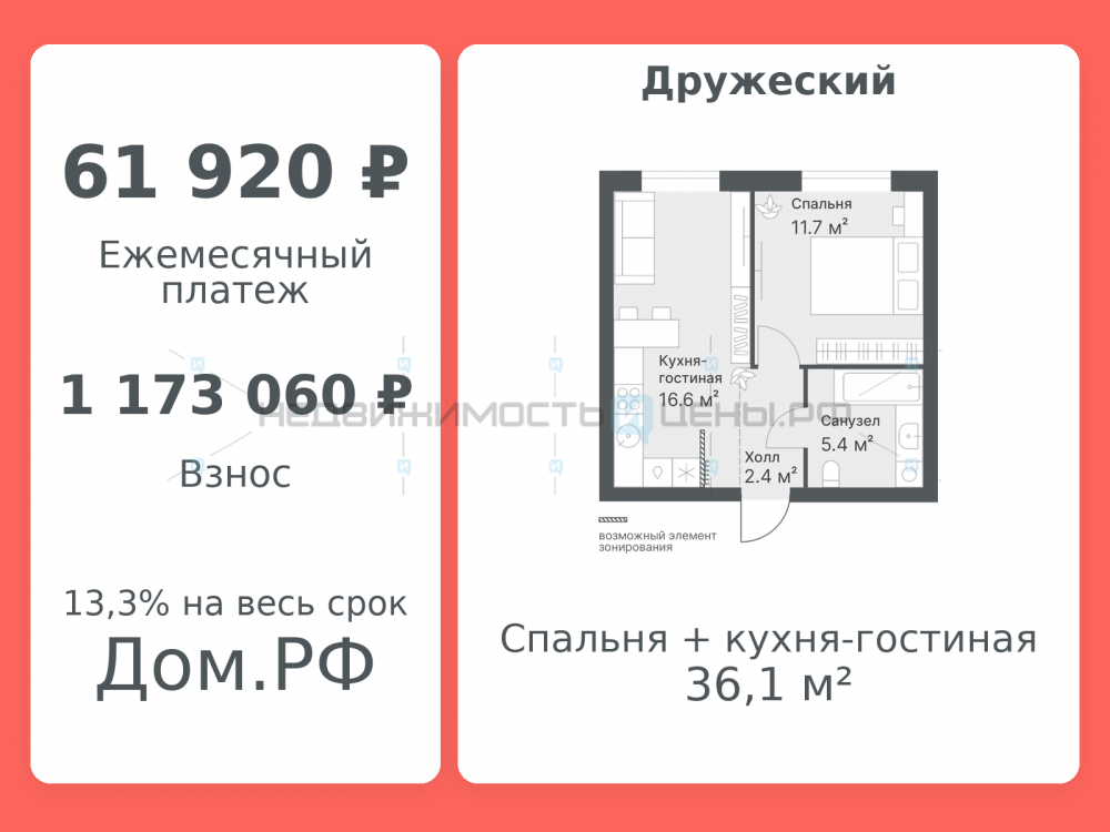 1 комн., 36.1м2, 1/14, Дружеский, Тюмень
