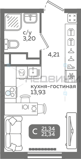 1 комн., 21.34м2, 10/21, Меридиан Слобода, Тюмень