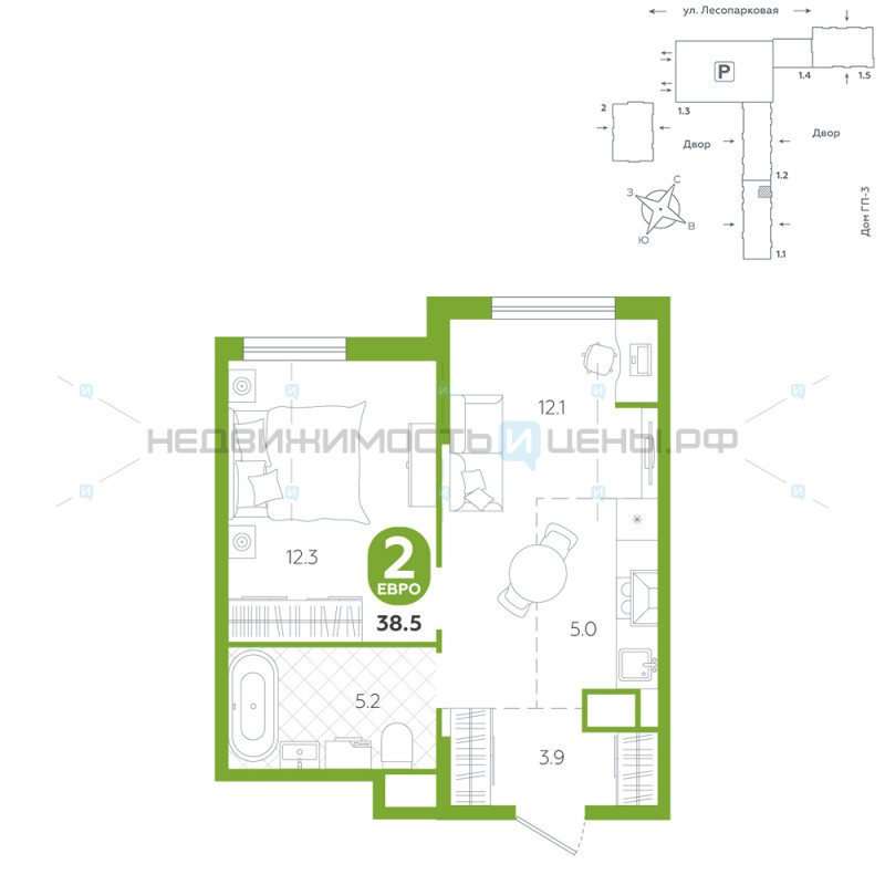 2 комн., 38.5м2, 10/24, Чистые пруды, Тюмень