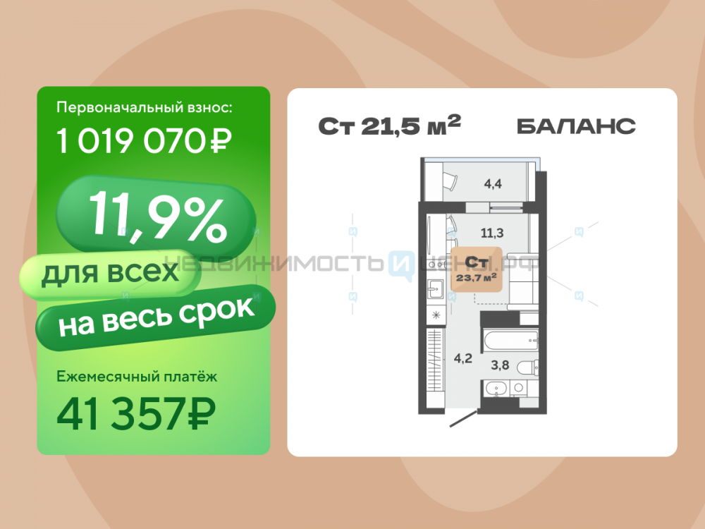 Студия, 21.5м2, 17/17, Баланс, Тюмень