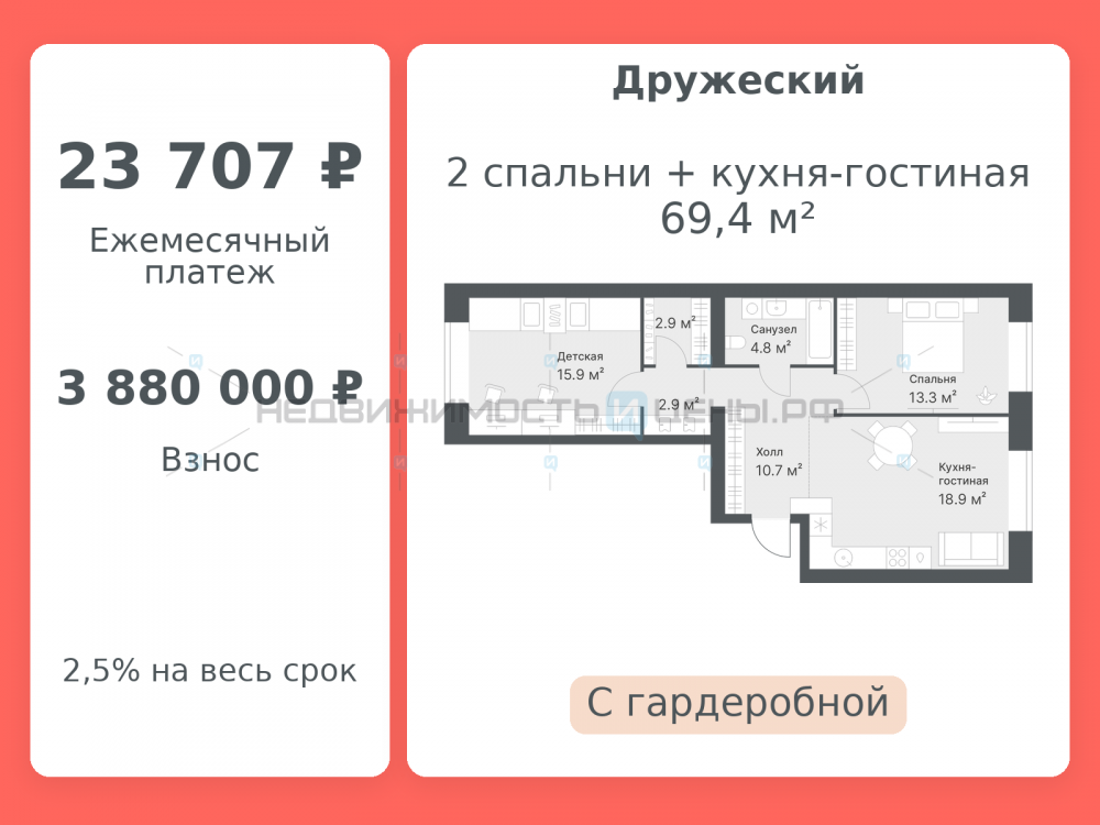 2 комн., 69.4м2, 10/14, Дружеский, Тюмень