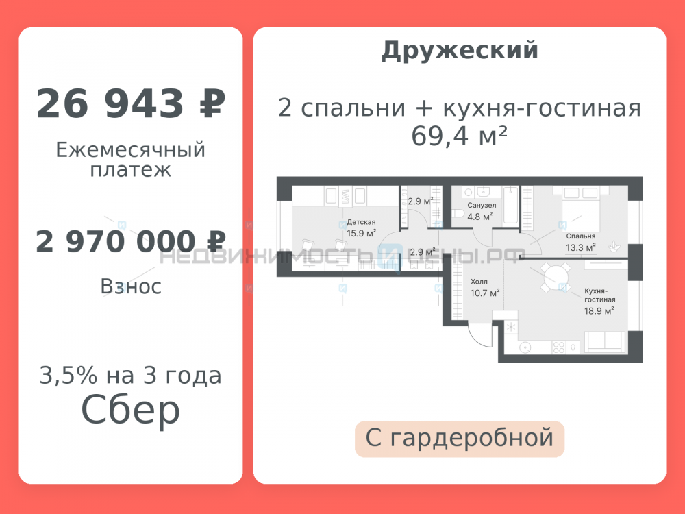 2 комн., 69.4м2, 10/14, Дружеский, Тюмень