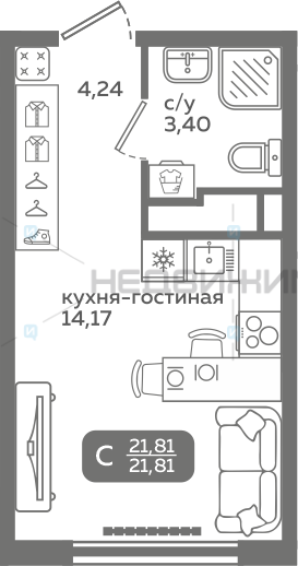 1 комн., 21.81м2, 14/21, Меридиан Слобода, Тюмень