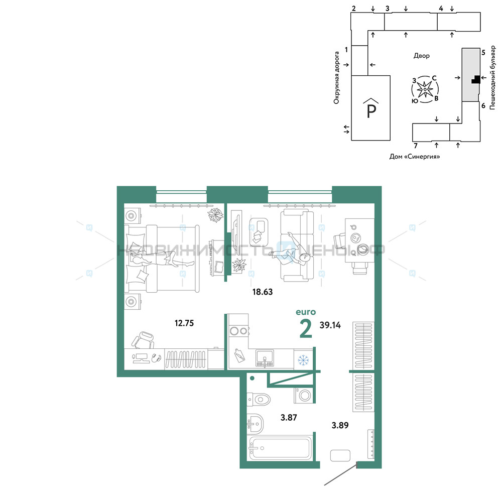 2 комн., 39.14м2, 12/16, Юнион, Тюмень
