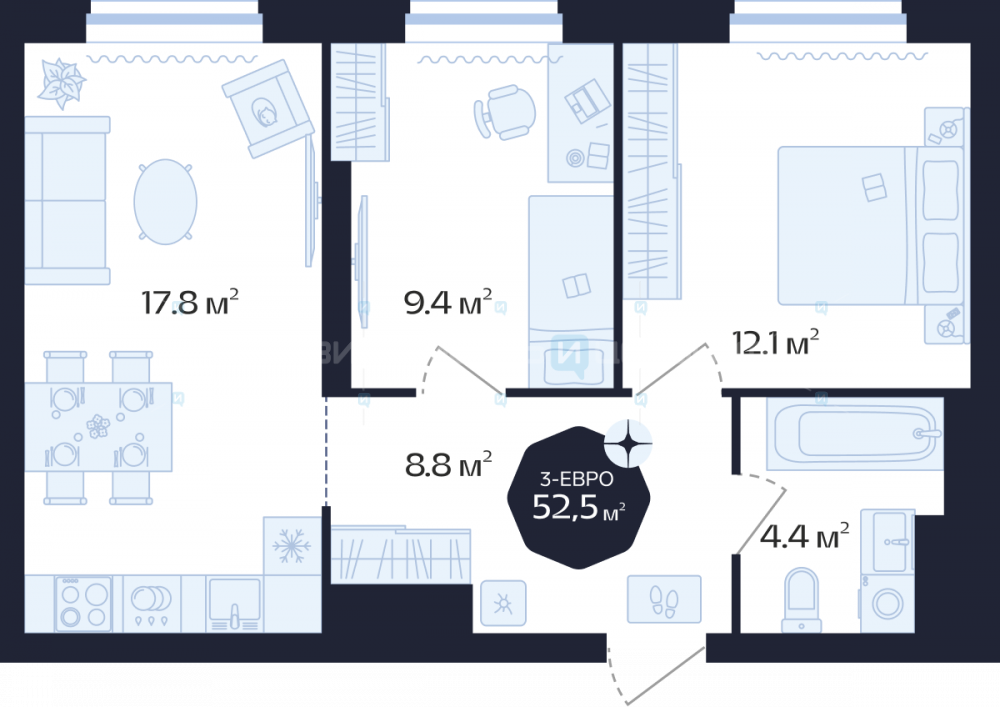 2 комн., 52.5м2, 15/16, Централь, Тюмень