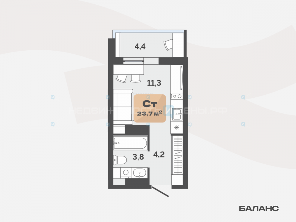 Студия, 21.5м2, 16/17, Баланс, Тюмень
