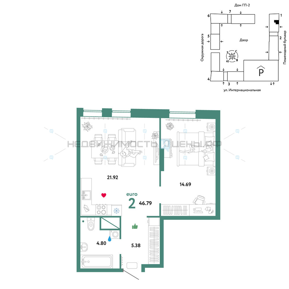 2 комн., 46.79м2, 15/16, Юнион, Тюмень