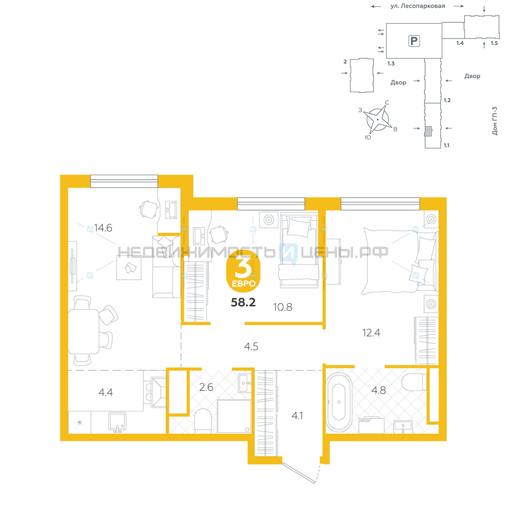 2 комн., 58.2м2, 3/24, Чистые пруды, Тюмень