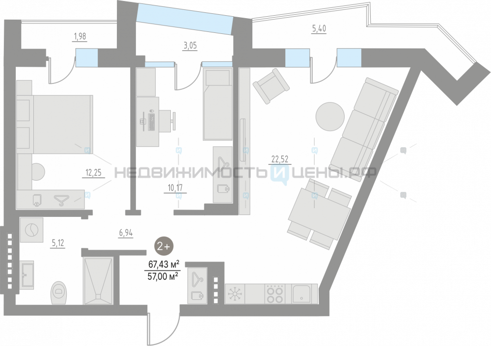 2 комн., 67.43м2, 4/4, Кипрея. Квартиры, Тюмень