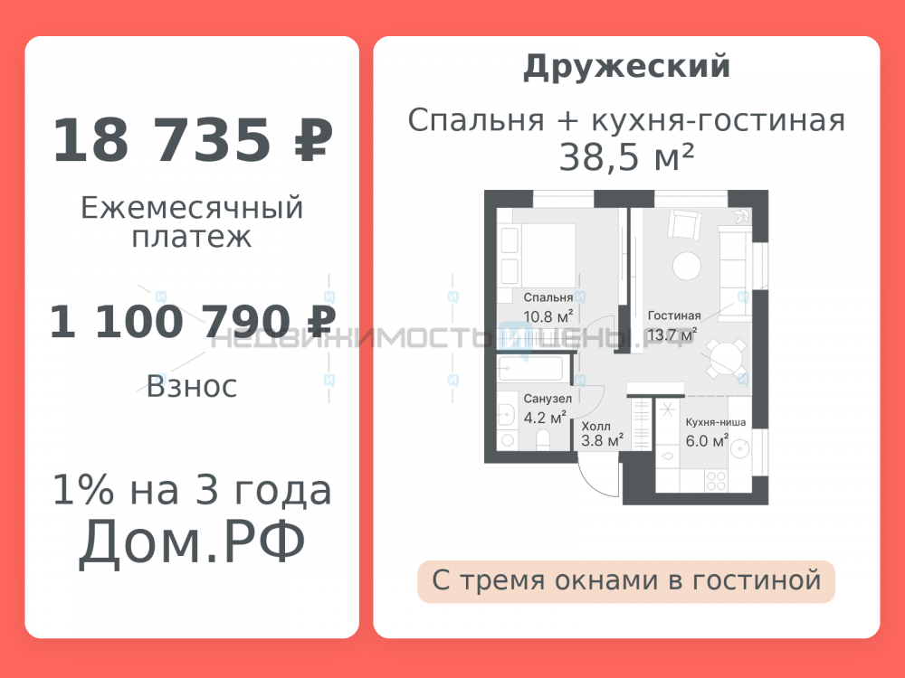 2 комн., 38.5м2, 13/14, Дружеский, Тюмень