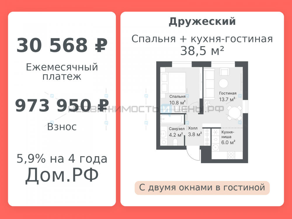 2 комн., 38.5м2, 14/14, Дружеский, Тюмень