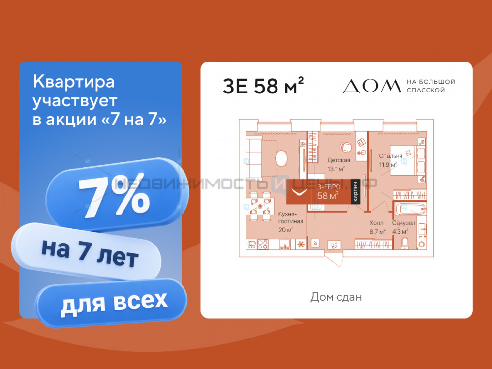 2 комн., 58м2, 5/16, Дом на Большой Спасской, Тюмень