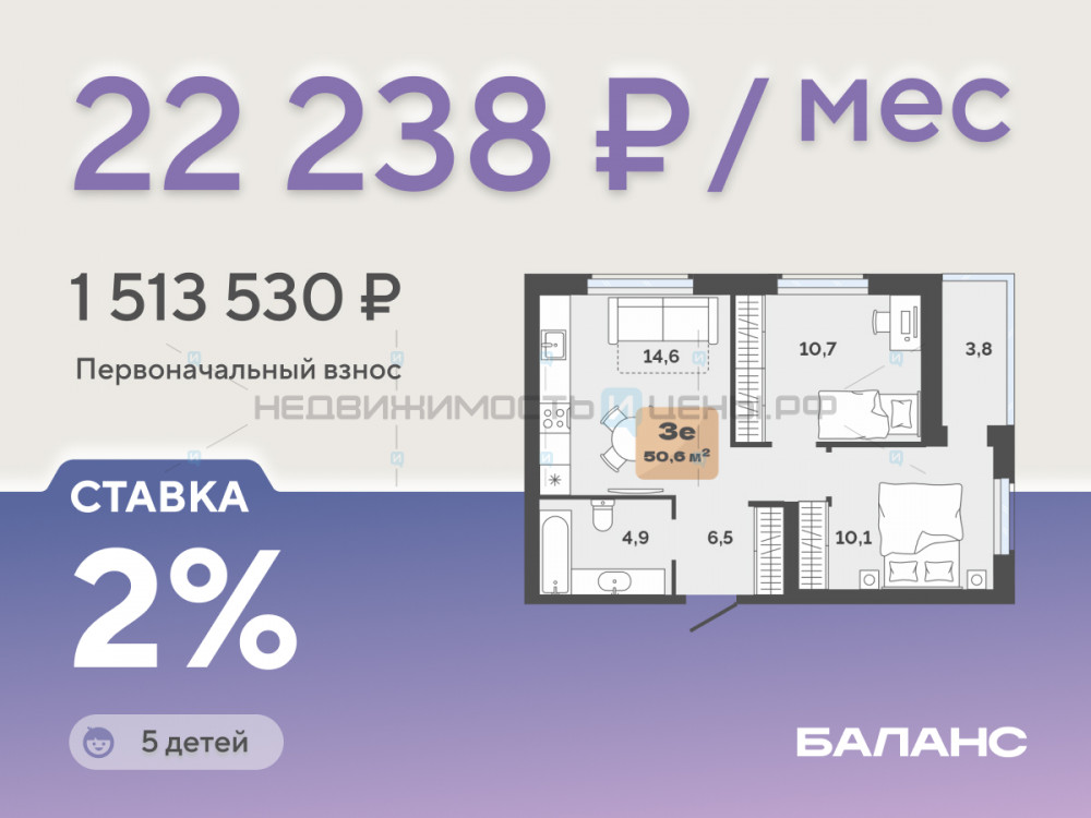 2 комн., 46.8м2, 22/23, Баланс, Тюмень