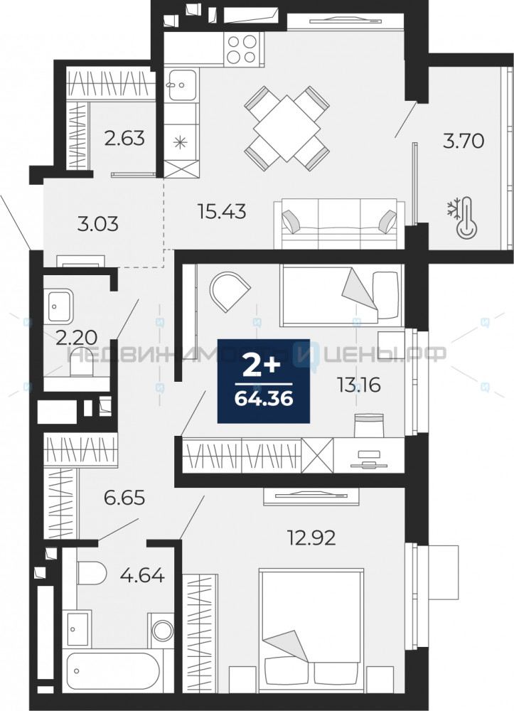 2 комн., 62.51м2, 6/24, Тюмень