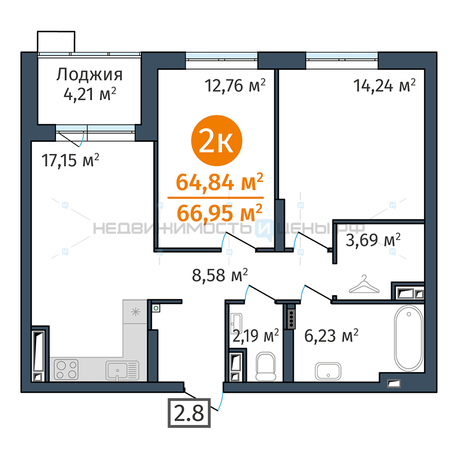 2 комн., 64.84м2, 22/24, Док (DOK), Тюмень