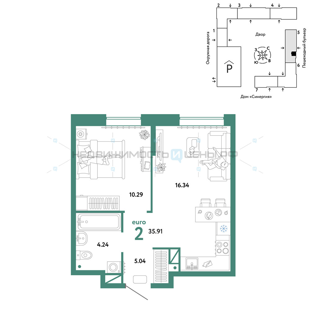 2 комн., 35.91м2, 13/16, Юнион, Тюмень