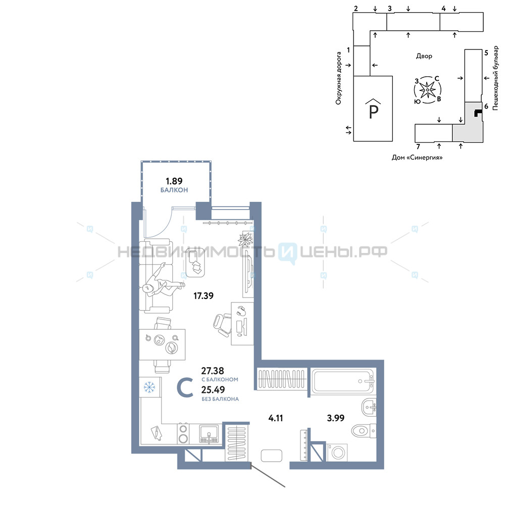 Студия, 27.38м2, 6/16, Юнион, Тюмень
