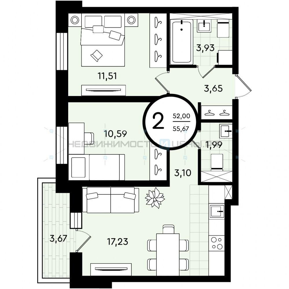 2 комн., 55.67м2, 4/4, Зеленые Аллеи, Тюмень