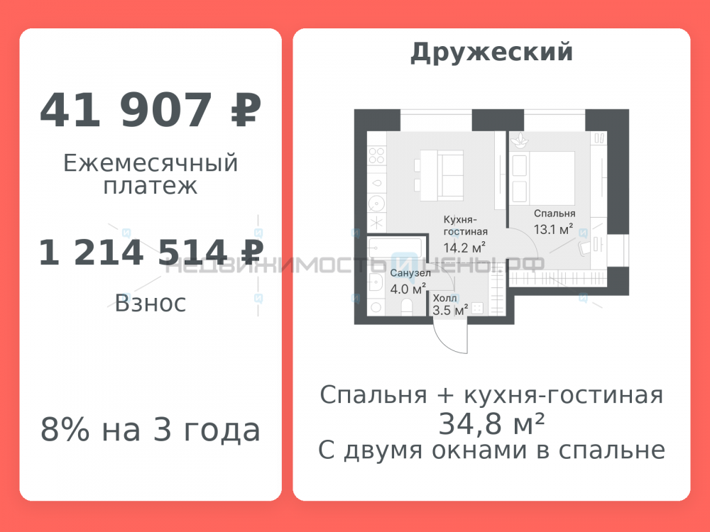 2 комн., 34.8м2, 6/8, Дружеский, Тюмень