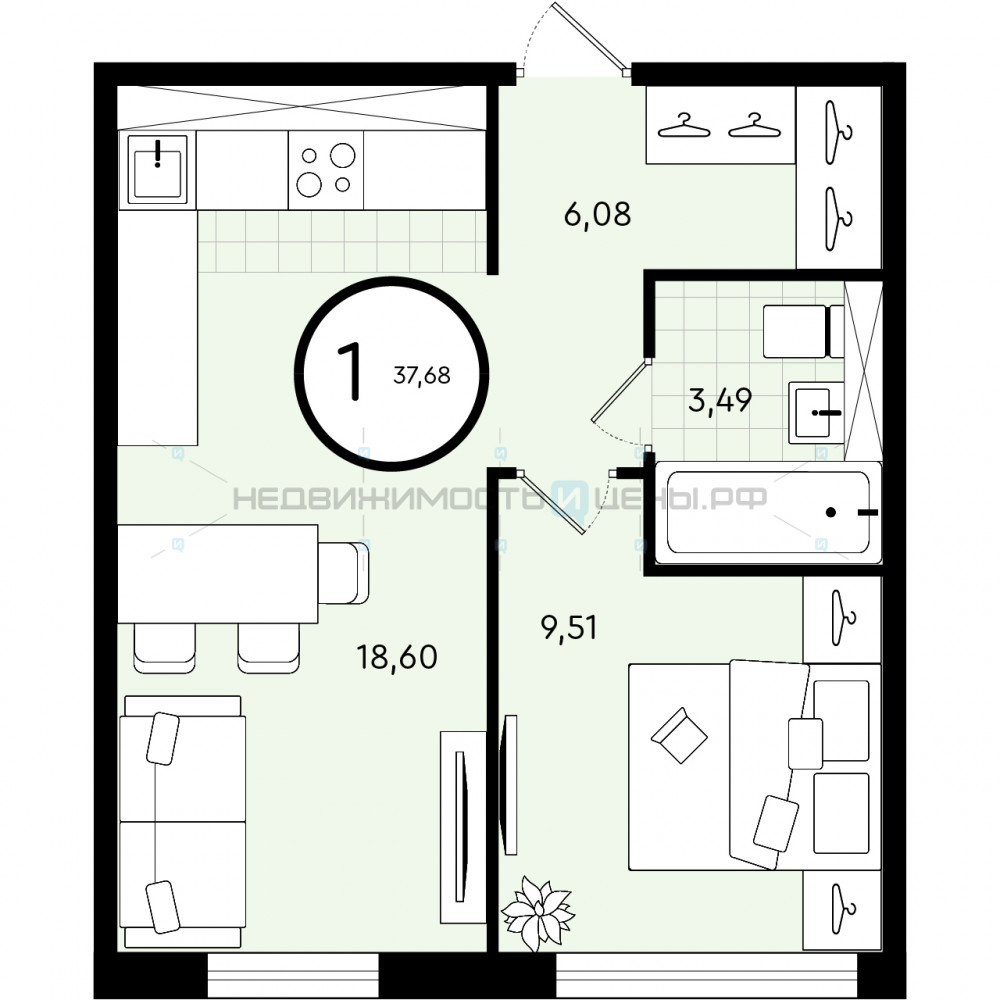 1 комн., 37.68м2, 3/4, Зеленые Аллеи, Тюмень