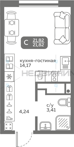 1 комн., 21.72м2, 13/20, Меридиан Слобода, Тюмень