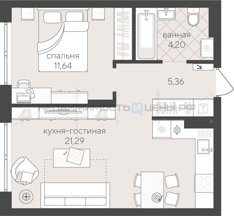 1 комн., 41.65м2, 4/4, Скандиа. Квартал у озера, Тюмень