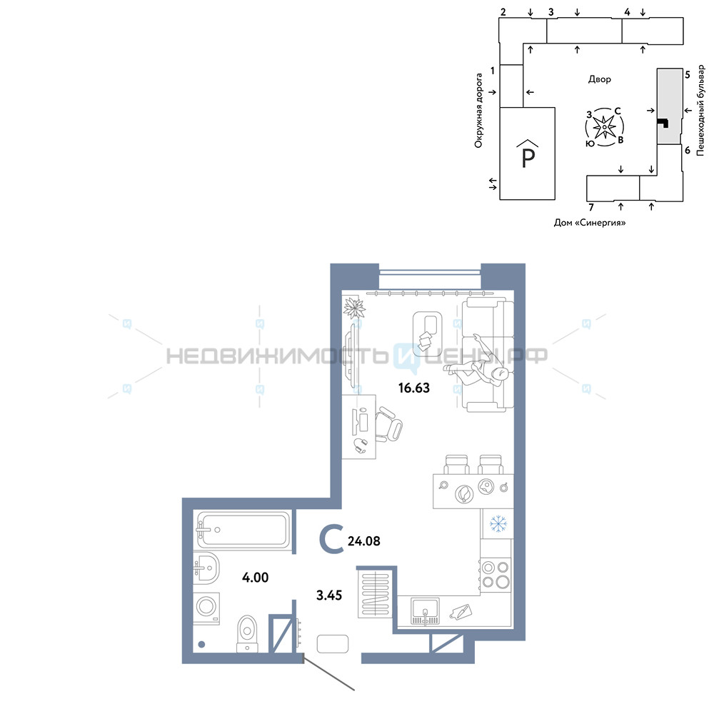 Студия, 24.08м2, 14/16, Юнион, Тюмень