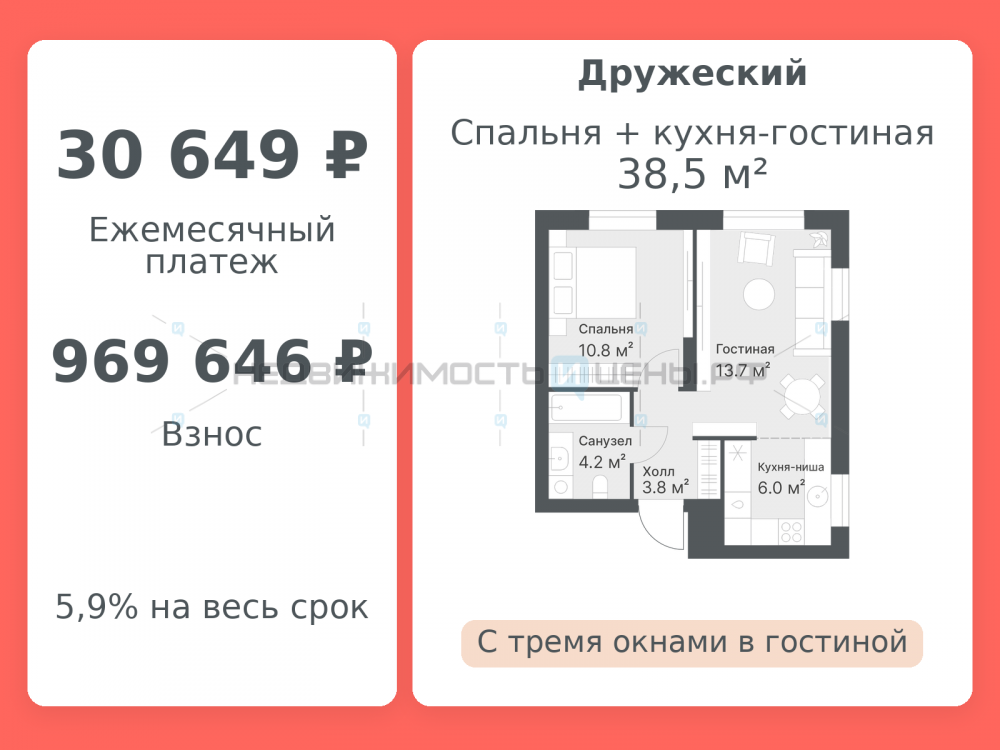 2 комн., 38.5м2, 13/14, Дружеский, Тюмень