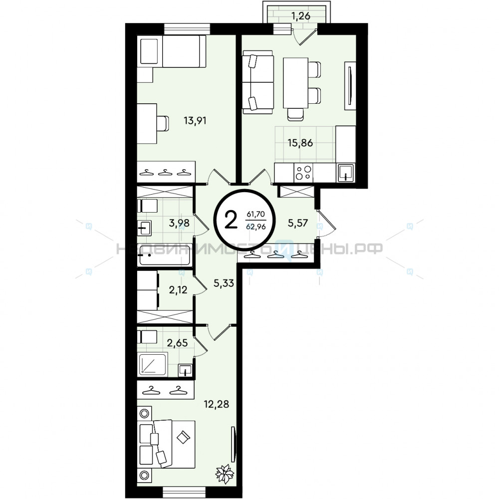 2 комн., 62.96м2, 1/4, Зеленые Аллеи, Тюмень