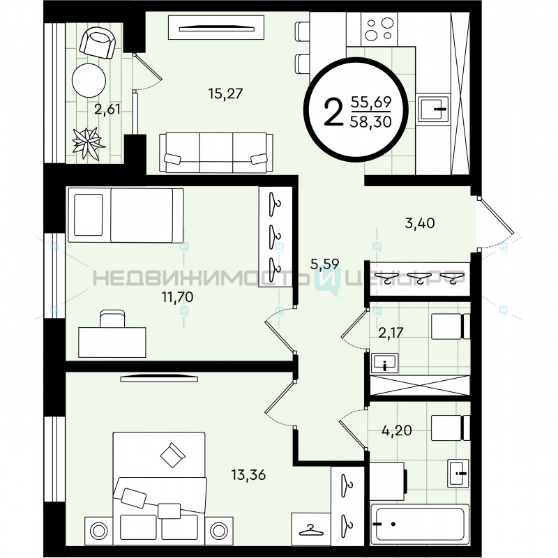 2 комн., 58.3м2, 3/4, Зеленые Аллеи, Тюмень