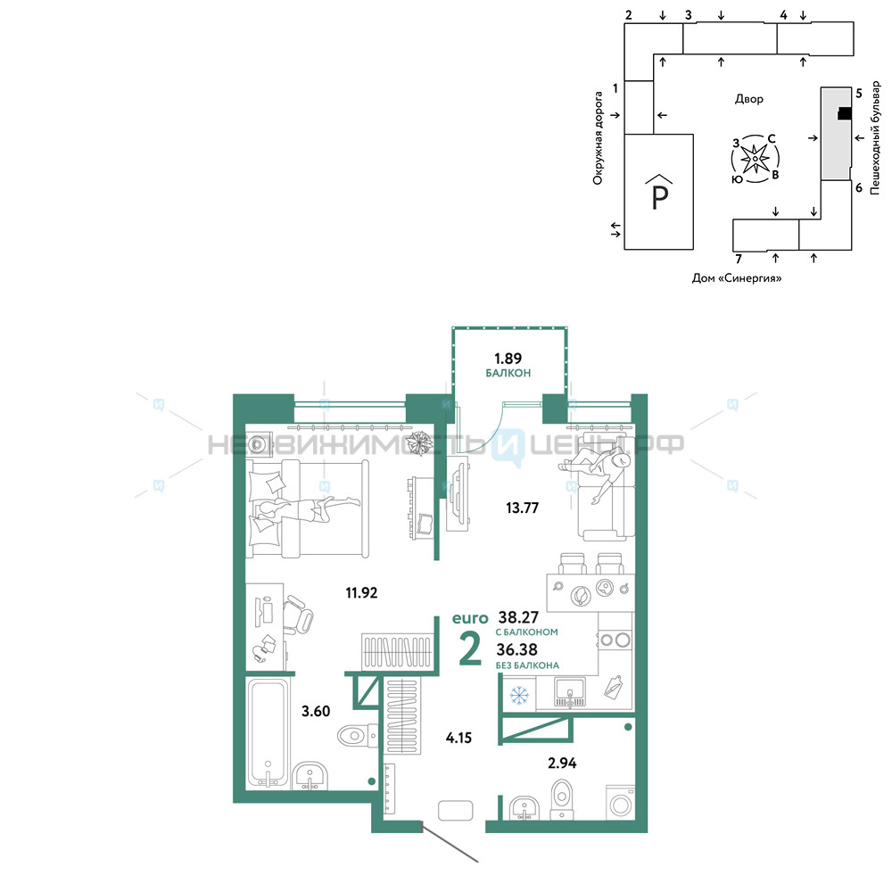 2 комн., 38.27м2, 7/16, Юнион, Тюмень
