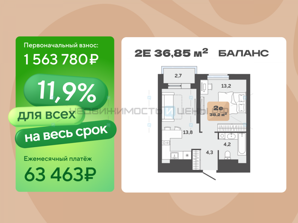 1 комн., 36.85м2, 23/23, Баланс, Тюмень