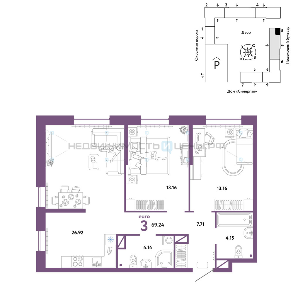 3 комн., 69.24м2, 11/16, Юнион, Тюмень