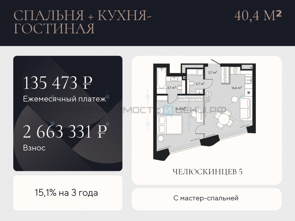 1 комн., 40.4м2, 3/9, Челюскинцев 5, Тюмень