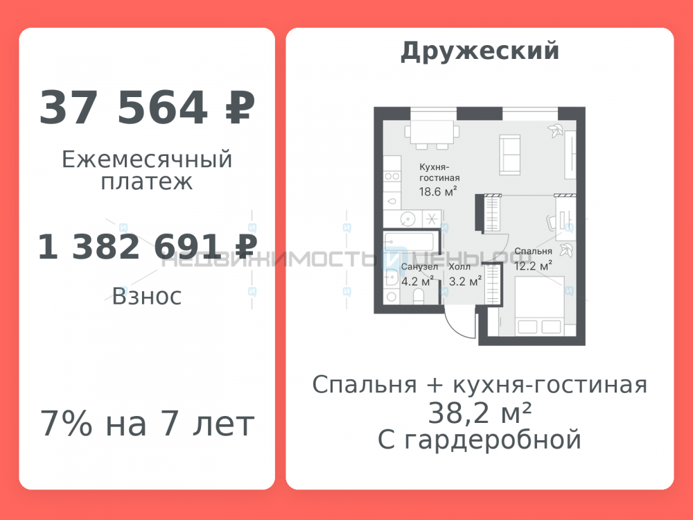 1 комн., 38.2м2, 11/14, Дружеский, Тюмень