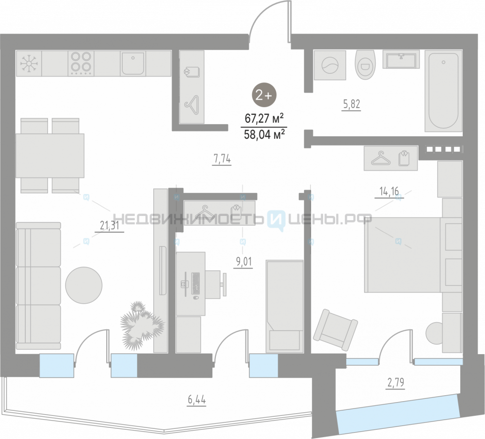 2 комн., 67.27м2, 4/4, Кипрея. Квартиры, Тюмень