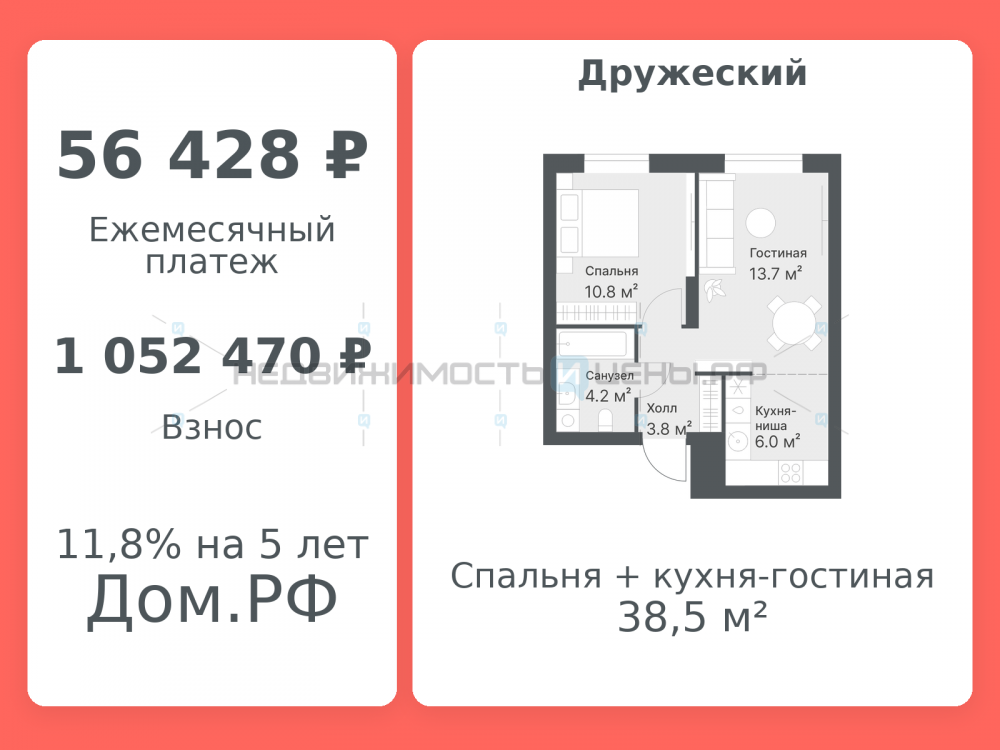 2 комн., 38.5м2, 13/14, Дружеский, Тюмень
