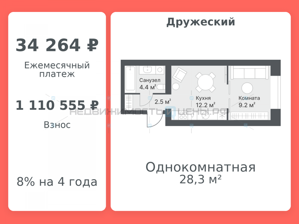 1 комн., 28.3м2, 10/14, Дружеский, Тюмень