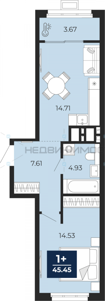 1 комн., 45.45м2, 10/19, Тюмень