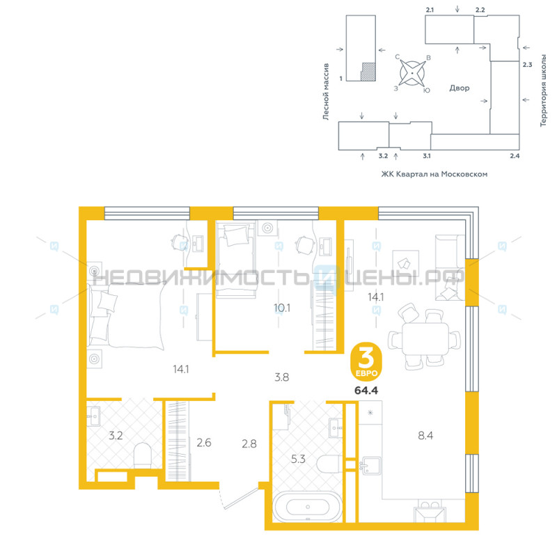 3 комн., 64.4м2, 5/15, Астро, Тюмень
