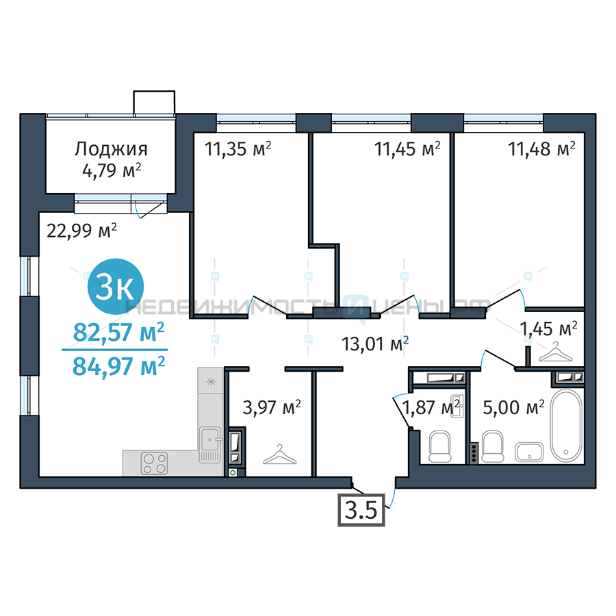 3 комн., 82.57м2, 8/24, Док (DOK), Тюмень