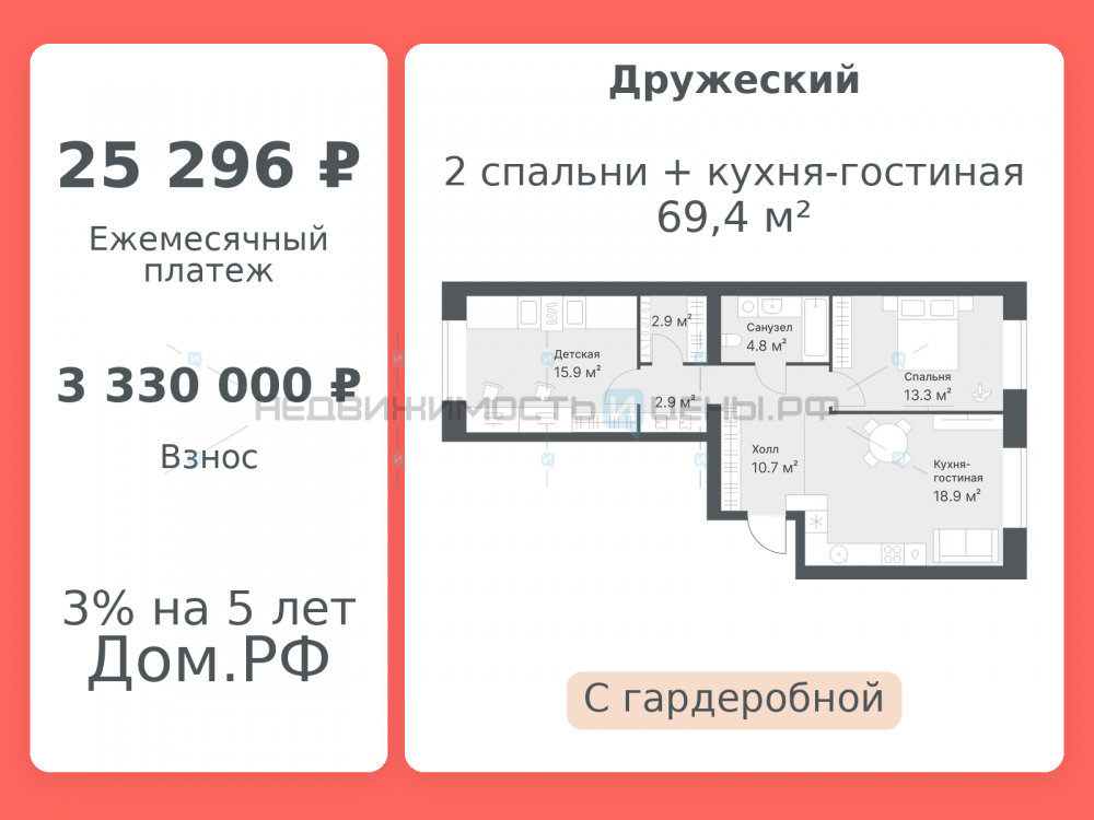 2 комн., 69.4м2, 10/14, Дружеский, Тюмень