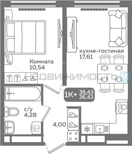 1 комн., 36.43м2, 10/21, Меридиан Слобода, Тюмень