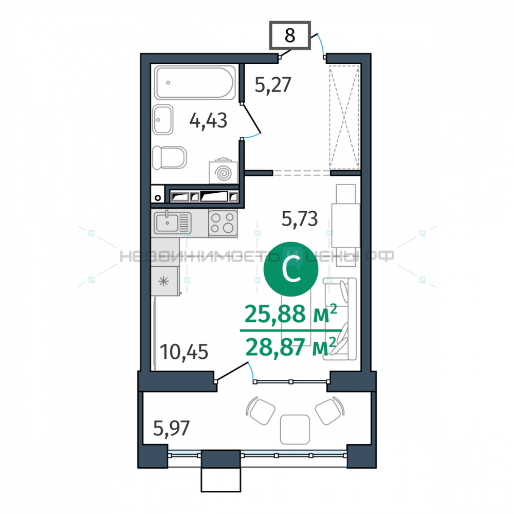 Студия, 25.88м2, 4/25, Этика, Тюмень