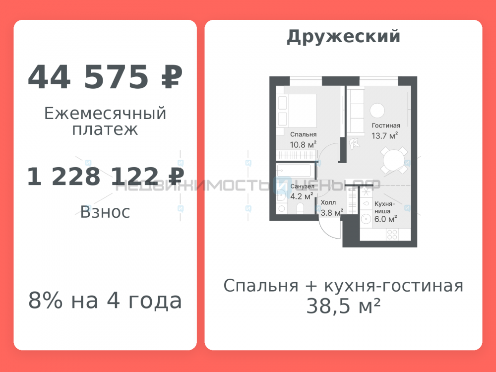 2 комн., 38.5м2, 14/14, Дружеский, Тюмень