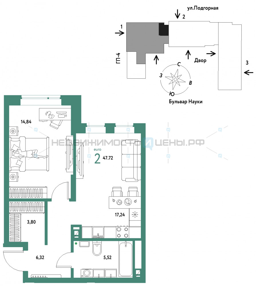 2 комн., 47.72м2, 7/16, Авторский, Тюмень